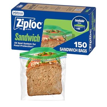 Imagem de Ziploc Sacos de sanduíche e lanche com textura EasyGuide, sacos de armazenamento de plástico com tecnologia Grip 'n Seal, total de 150 sacos (a embalagem pode variar)