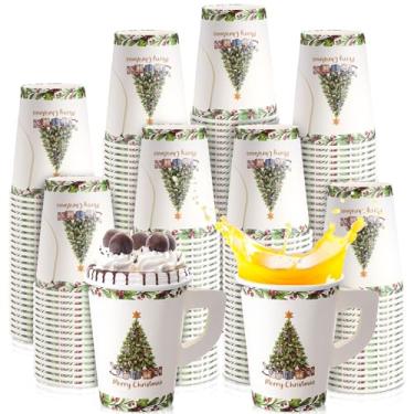 Imagem de Maxcheck 100 peças de copos de papel de Natal bebendo árvore de Natal copos descartáveis de café quente com barra de alça acessórios para decoração de festa de Natal (255 g)