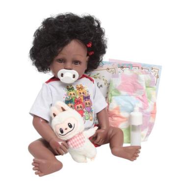Imagem de Boneca Reborn Bebê Negra Realista 100% Silicone + Acessórios - Cegonha