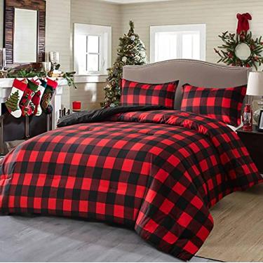 Imagem de Conjunto de edredom de tamanho casal Merry Christmas, vermelho e preto quadriculado xadrez xadrez estampa reversível para cama de microfibra, conjuntos de cama modernos para mulheres e homens 203 x