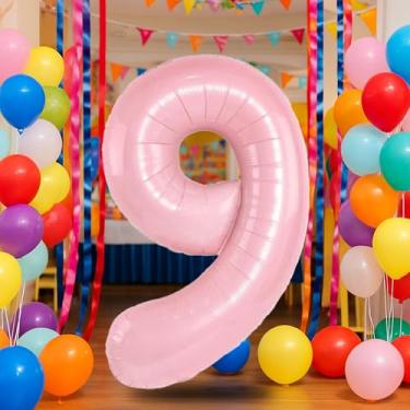 Imagem de Balão rosa número 9 de 81 cm para decoração de 9º aniversário, balões autoinfláveis com número de folha de creme de 0 a 9, balão de hélio de areia branca para meninos, meninas, mulheres, homens