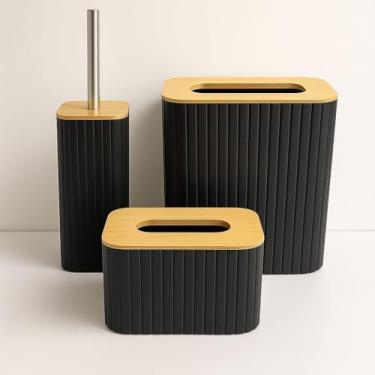 Imagem de Bambu banheiro kit acessórios para lavatórios, sabão, escova de dentes e lixo sanitário(7 Peças Compl Preto + Cesto G)