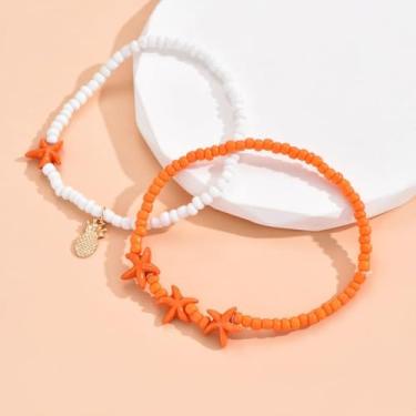 Imagem de Tornozeleiras femininas com estrela do mar, 2 peças, pingente de abacaxi, dourado, estrela-do-mar, tornozeleiras elásticas rosa choque laranja azul verão praia, adjustable, Miçanga, Sem Pedra Preciosa