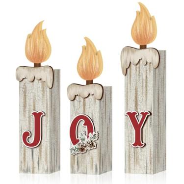 Imagem de 3 peças, placa de Natal, vela de madeira, decoração de mesa, velas de chamas de madeira branca rústica, bandeja em camadas, decoração de casa de fazenda, alegria, Natal, mesa de centro de mesa para