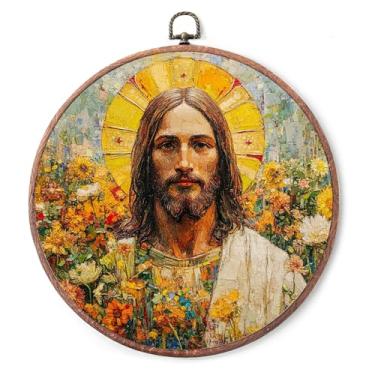 Imagem de Decoração de parede em tela redonda vintage de 25,4 cm - Arte de parede emoldurada em tela vintage em tom neutro, decoração de retrato de Jesus - Aplica-se ao quarto, casa, decoração de sala de estar