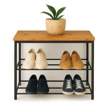 Imagem de Sapateira Organizadora, Sapateira Banco Estilo Industrial 2 Prateleiras de Aço para Hall de Entrada Já(Tampo Pinus)