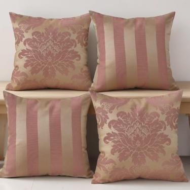 Imagem de Kit 4 Capas de Almofadas Decorativas 45x45cm em Tecido Jacquard Adamascado com Zíper – Sofá, Cama e Poltrona(Rosa e Dourado)