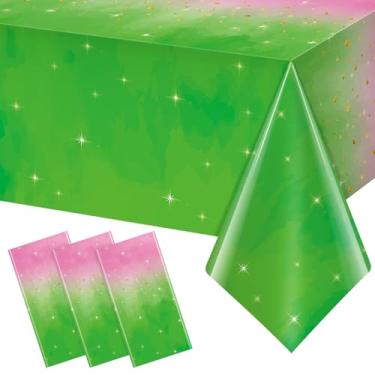 Imagem de YIDAKO 3 peças de toalha de mesa para decoração de festa de bruxa, toalha de mesa retangular descartável rosa e verde, capa de mesa com tema de bruxa para crianças, chá de bebê, casamento, festa de