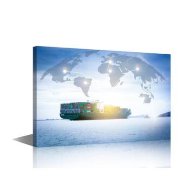 Imagem de TUMOVO Arte de parede de contêiner de envio pintura vintage moldura de madeira moderna transporte global contêiner de carga imagens para quarto banheiro sala de estar decoração de parede 1 painel