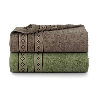Imagem de Toalha de Banho Premium em Felpa, Kit 2 Pçs 100% Algodão, Jacquard, 150 x 75cm, 350g/m², Hipoalergênica, Design Sofisticado (Marrom e Verde)