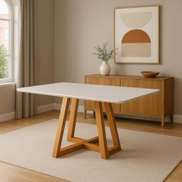 Imagem de Mesa de Jantar Luxo 160x90 Tampo Mdf/vidro para 6 Lugares Pés Madeira Maciça Pérola - Mel/off White