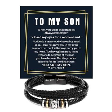 Imagem de Pulseira To My Son, presente para aniversário do meu filho com cartão de mensagem e caixa de presente., To My Son Bracelet, Couro, Sem Pedra Preciosa