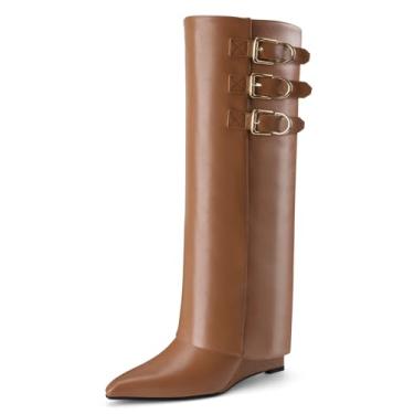 Imagem de Perisis Botas femininas dobráveis cano alto tubarão salto cunha fivelas de couro bico fino puxar botas longas, Marrom PU, 42