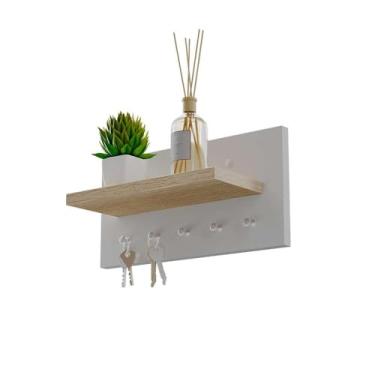 Imagem de Porta Chaves Minimalista de Parede com 5 pinos Branco e Carvalho