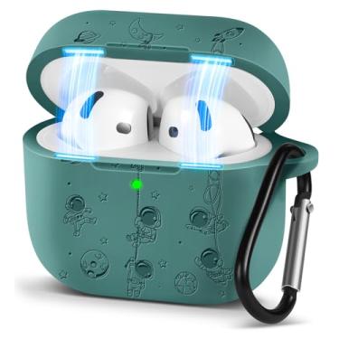 Imagem de Boaretiu Capa para Airpods 4 - Capa de silicone 3D gravada elegante, fofa, simples, Kawaii, exclusiva, moderna, com mosquetão, chaveiro para mulheres, meninas, feminino, design verde escuro para