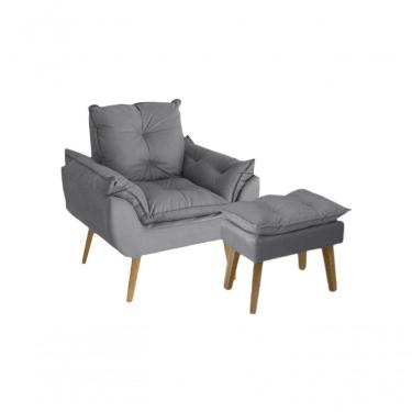 Imagem de Poltrona/cadeira Decorativa E Puff Glamour Opala Com Pés Quadrado Cinza