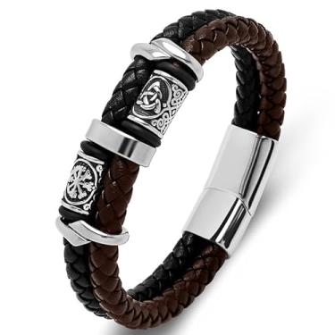 Imagem de RGEMCY Pulseira masculina de couro trançado de duas fileiras de aço inoxidável com contas de couro de camada dupla, pulseira viking, presente para homens, 8.27Inches, Couro, Sem Pedra Preciosa
