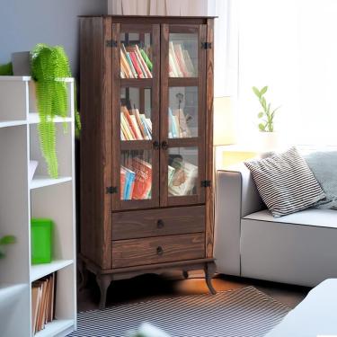 Imagem de Cristaleira Rústica Madeira Maciça 2 Gavetas Portas De Vidro Imbuia