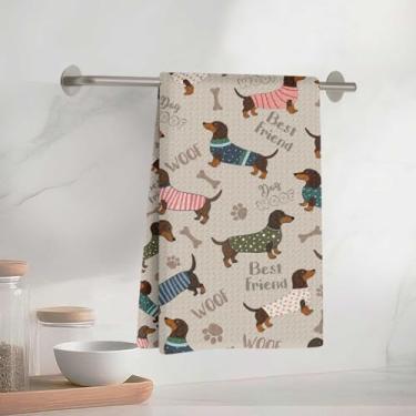 Imagem de Toalhas de cozinha com padrão de dachshund adorável 33 x 58 cm, pano de prato decorativo de microfibra absorvente de lã toalha de chá, toalhas de mão de waffle para cozinha, casa, banheiro, presentes