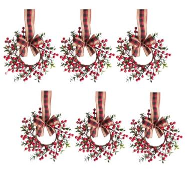 Imagem de Egolot Conjunto de 6 grinaldas de armário de Natal para parede de janela de cozinha, mini anéis de vela de Natal de 23 cm com frutas vermelhas, guirlanda de fita pequena de Natal para armários
