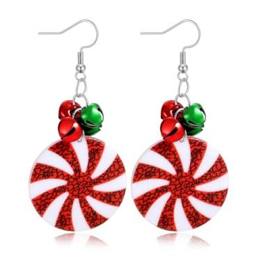 Imagem de Brincos de doces de Natal para mulheres – Pingente de redemoinho vermelho e branco com sinos, brincos de Natal, acessórios de roupa festiva, presentes secretos de Papai Noel, Regular size, Acrílico