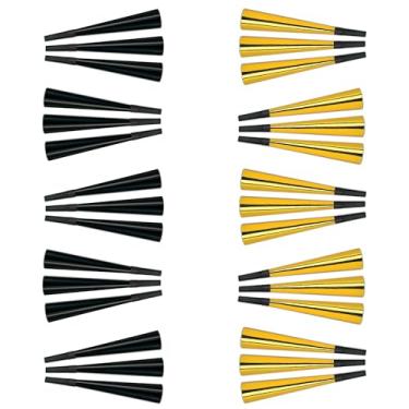 Imagem de Beistle Trompas de festa de Ano Novo – Pacote com 30, barulhos de folha preta e dourada, buzinas metálicas, máquinas de ruído NYE para festas de contagem regressiva, reuniões de férias e celebrações