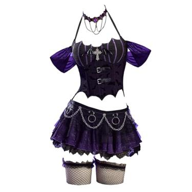 Imagem de MEOWCOS Espartilho gótico punk feminino conjunto de top e saia fantasia gótica de Halloween com mangas cinto meias, Roxo e preto, P