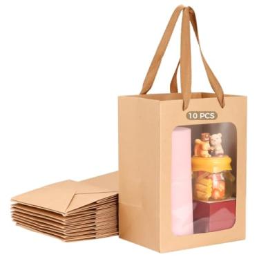 Imagem de Chewtoyo 10 sacos de presente de papel kraft marrom com janela, alças de corda, sacolas de compras para lembrancinhas de festa, comida, lanches, flores, 24 x 18 x 13 cm