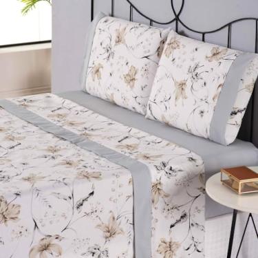 Imagem de Encantare Jogo de Lençol Premium, 4 Peças, Percal 180 Fios, Ponto Palito, para cama Casal Padrão, Queen e King, (Cinza, King)