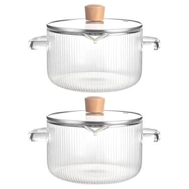 Imagem de Panela de macarrão com cabo duplo, 2 peças, 16 cm/16 cm, panela de vidro borossilicato, 1,701 g/1800 ml, transparente, tampa de madeira, panela resistente ao calor, fogão transparente para panelas