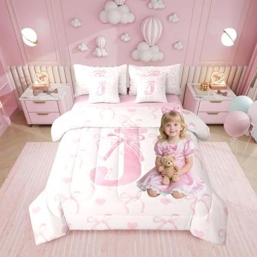 Imagem de Erosebridal Jogo de lençol Queen com letra J, alfabeto com letra J, para meninas, com laço rosa, geométrico, fofo, coração, letra, romântico, sonhador, princesa