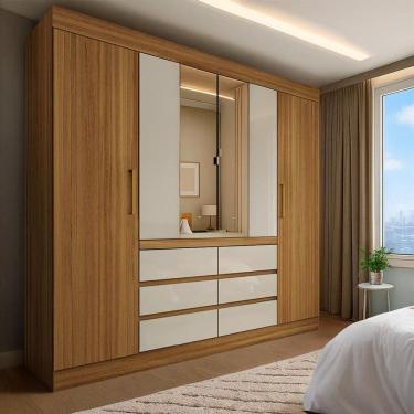 Imagem de Guarda-Roupa Casal com Espelho Trevi 4 Portas 6 Gavetas Cinamon e Off White