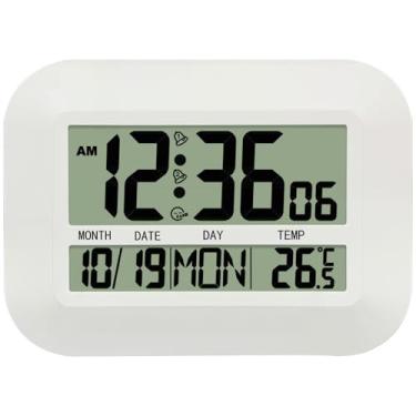 Imagem de Relógio de parede digital branco multifuncional, visor LCD com calendário, 12/24 horas, temperatura, alarme, data, sala de estar, quarto e escritório