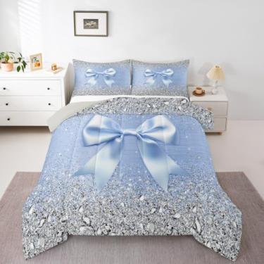 Imagem de Conjunto de edredom fofo com laço de fita, diamante cinza com glitter, conjunto de cama casal com laço de princesa sonhadora azul e laço aquarela, kawaii, geométrico, gravata borboleta para decoração