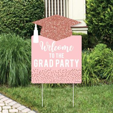 Imagem de Big Dot of Happiness - Decorações de festa - Placa de jardim de boas-vindas para festa de formatura 2020, Rose Gold Grad Welcome Yard Sign
