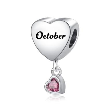 Imagem de TCHYUN Pingente de coração de flor mensal com pingente de pedra do mês de outubro compatível com pulseira Pandora, presente de aniversário para ela