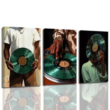 Imagem de ZSHARTSWD Arte de parede de DJ preto de 3 peças, imagem de homem negro, toca-discos de vinil, impressão em tela, pintura musical afro-americana para quarto de menino adolescente, decoração de casa