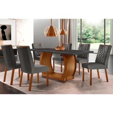 Imagem de Sala De Jantar Completa Jade Tampo Madeirado Com Vidro Reto 180x90 E 6 Cadeiras Jade Imbuia - Veludo Grafite - Rufato