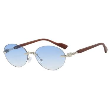 Imagem de Óculos de Sol UV400 - Oval sem Armação com Hastes de Madeira e Lentes Degradê para Homens e Mulheres, Ideais para Esportes ao Ar Livre, Corrida e Ciclismo, Azul