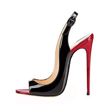 Imagem de SAMMITOP Sandália feminina Peep Toe salto alto salto stilettos sandália com tira no tornozelo Slingback Sexy 4,7 polegadas, Preto, vermelho, 38