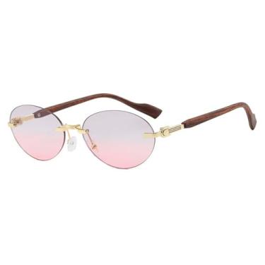 Imagem de Óculos de Sol UV400 - Oval sem Armação com Hastes de Madeira e Lentes Degradê para Homens e Mulheres, Ideais para Esportes ao Ar Livre, Corrida e Ciclismo, Cinza e Rosa