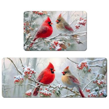 Imagem de APROPHIC Tapete de cozinha de pássaros cardeais de Natal, tapetes de neve de pinheiro vermelho, conjunto de 2 tapetes de chão, antiderrapante com suporte de borracha, tapete lavável de prancha para