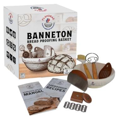 Imagem de Flavorae Banneton Cesta à prova de pão com forro para assar massa fermentada, Riser de massa de vime natural para pão artesanal caseiro – Kit inicial redondo de 23 cm