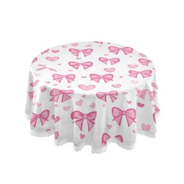 Imagem de SEHANY Toalha de mesa redonda com laço rosa de 152 cm, tecido lavável sem rugas, toalha de mesa decorativa de renda para restaurante, casamento, acampamento, festa de cinco de maio