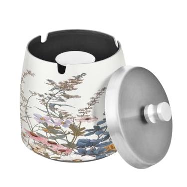 Imagem de Blueangle Cinzeiro de flores silvestres em aquarela com tampa para cigarros, à prova de vento/chuva, aço inoxidável, sem fumaça, inodoro, cinzeiro para uso interno ou externo (338)