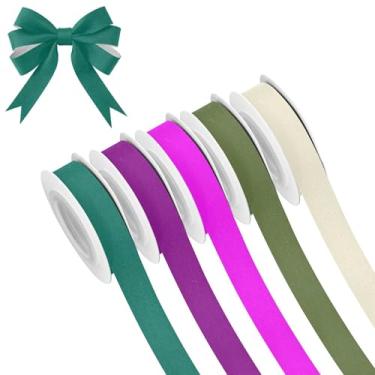 Imagem de SEHANY 5 rolos de fita de Natal de 1,5 cm e 5 jardas fitas coloridas de tecido de cor sólida, fitas de cetim para festivais, fitas decorativas de Natal para embrulho de presente, artesanato faça você