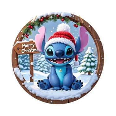 Imagem de Feliz Natal Placa De Madeira Lilo&Stitch Impressão De Guirlanda Para P