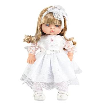 Imagem de linda Batizado Interativa, 50cm, Vinil com Roupa em Tecido, Fala Diversas Frases, Vestido Branco, Cabelos Longos, com Bateria Inclusa, para Crianças acima de 2 Anos