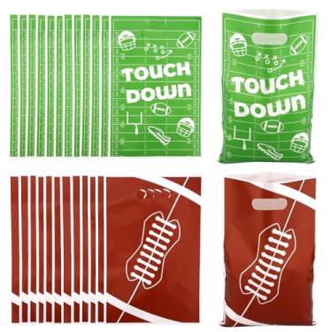 Imagem de Fukaisu 50 peças de sacolas de brinde de futebol, 25 x 16,5 cm, 2 estilos de sacolas de presente de festa de plástico de futebol com alça e padrões divertidos para eventos noturnos, esportes, jogos