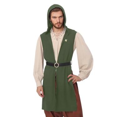 Imagem de Koalswm Sobretudo masculino renascentista com capuz cavaleiro medieval sem mangas com broche e cinto, túnica, tabard, fantasia de manto viking holloween (verde, pequeno)